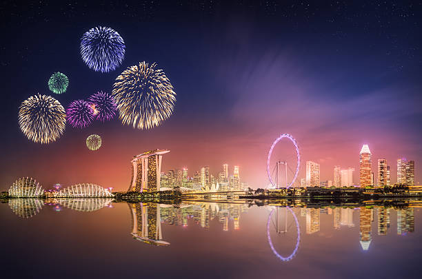 Fireworks in Marina Bay, Singapore Skyline