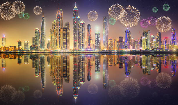 Beautiful fireworks in Dubai marina. UAE stock photo