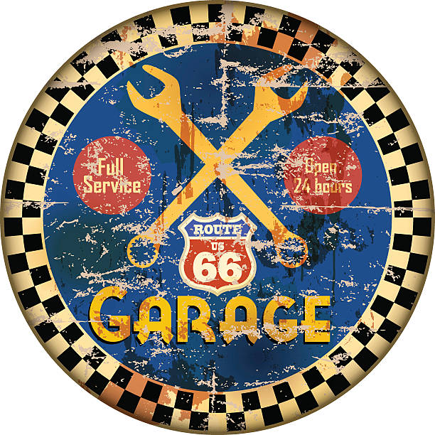 illustrations, cliparts, dessins animés et icônes de garage vintage route 66 signe de l'atelier - route 66 retro revival american culture sign