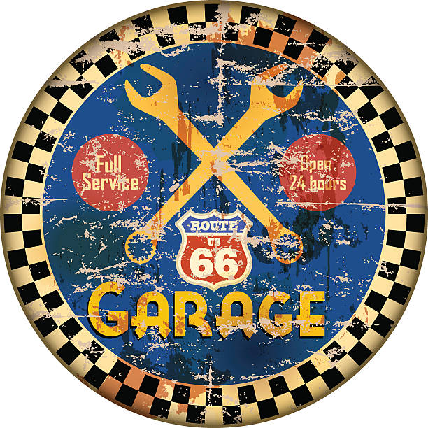 illustrazioni stock, clip art, cartoni animati e icone di tendenza di d'epoca route 66 garage insegna del workshop - route 66 road sign thoroughfare badge