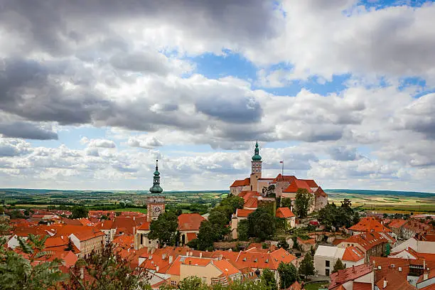 View on Castle of Mikulov in southern Moravia during cloudy day, Czech Republic