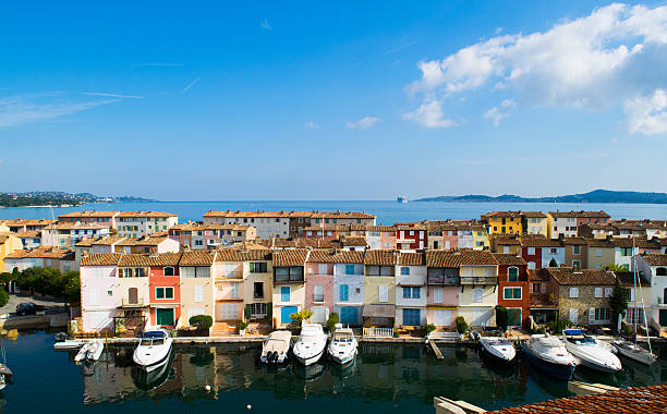 Sunny afternoon view of colorful buildings in Port Grimaud stock photo