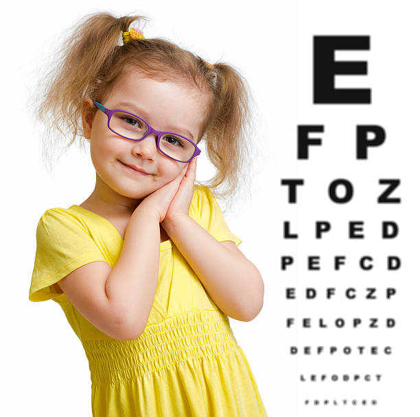 istock Smiling girl in glasses with eye chart isolated 501919400