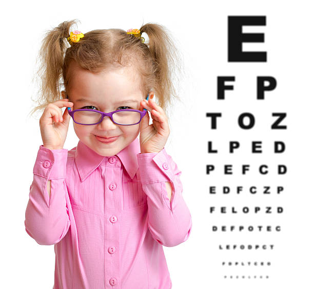 istock Smiling girl putting on glasses with blurry eye chart behind 501919434