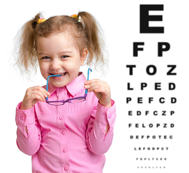 istock Smiling girl took off glasses with blurry eye chart behind 501919448