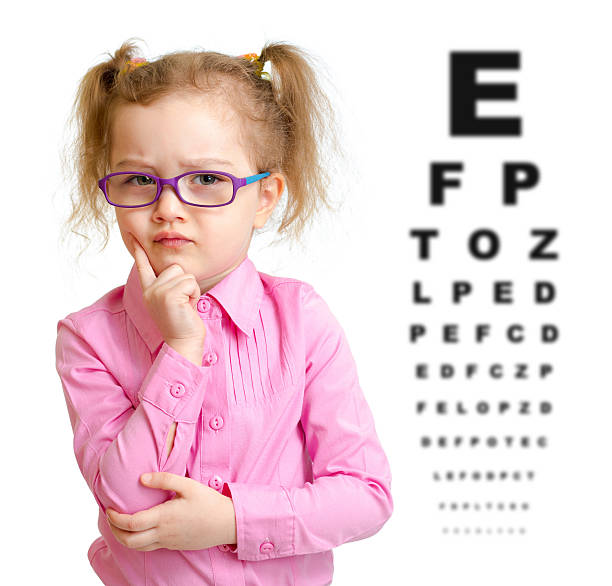 istock Serious girl in glasses with eye chart isolated 501919478