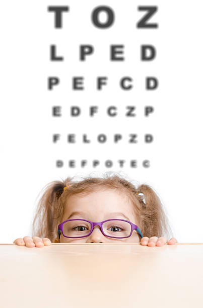 istock Funny girl in eyeglasses with eye chart 501930844