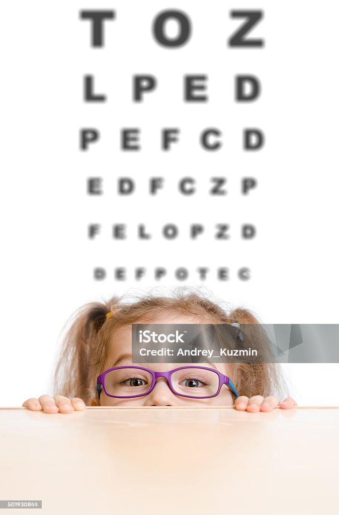 Funny girl in eyeglasses with eye chart Funny girl in eyeglasses with eye chart behind Chart Stock Photo