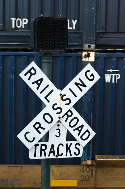 istock Railroad Crossing sign with Shipping Container Train in Backgrou 501931456