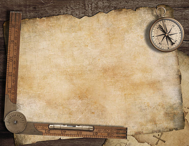 istock Blank treasure map background with, old compass and ruler. Adventure 501931562