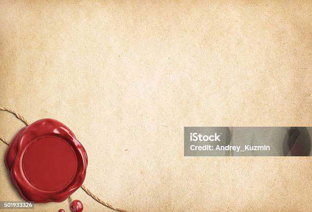 Old Parchment Paper Or Letter With Red Wax Seal Stock Photo - Download Image Now - 2015, Backgrounds, Brown