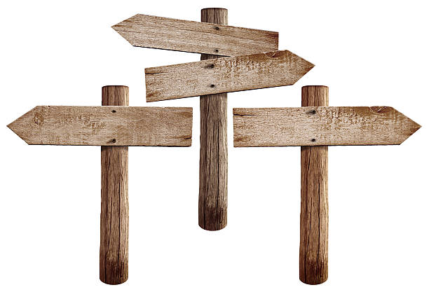 istock Old wooden road signs right, left and both arrows isolated 501934190