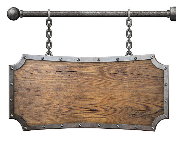 istock wood sign with metal frame hanging on chain isolated 501939518