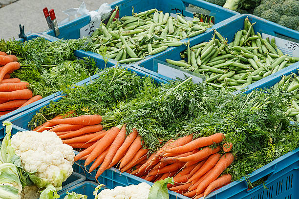 Detail of various vegetable items on farmer market stock photo