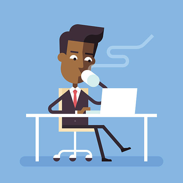 Man sitting at desk with laptop and hot beverage. Handsome man in formal suit is sitting legs crossed at the desk with a laptop and drinking hot beverage. Cartoon character - businessman. Stock vector illustration in flat design. asian suit man cross hand stock illustrations