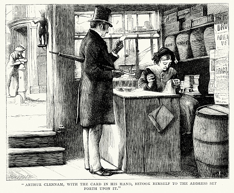 Vintage engraving from the works of Charles Dickens. From Little Dorrit. Arthur Clennam, with the card in his hand, betook himself to the address set forth upon it.