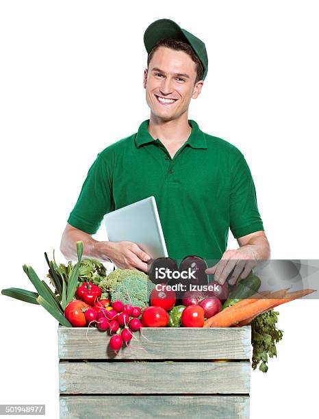 Delivery Man With Organic Food Stock Photo - Download Image Now - Adult, Adults Only, Broccoli