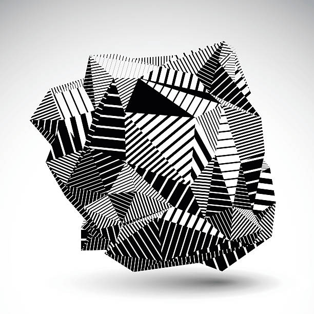 Decorative complicated unusual eps8 constructed figure Decorative complicated unusual eps8 figure constructed from triangles with parallel black lines. Striped multifaceted asymmetric contrast element, monochrome illustration for technology projects. isosceles triangle stock illustrations