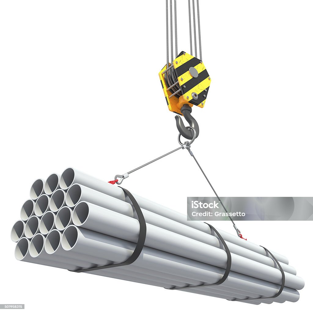 Crane hook lifts group of pipes. Crane hook lifts group of pipes. 3D Crane - Machinery Stock Photo