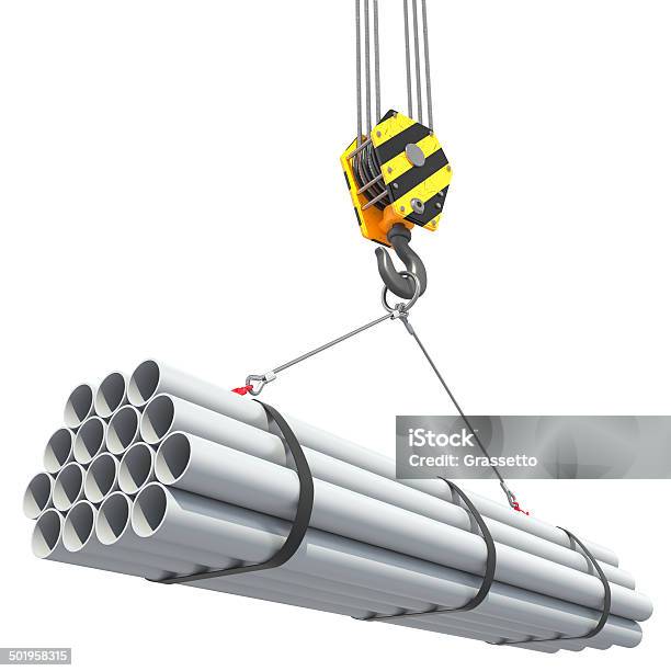 Crane Hook Lifts Group Of Pipes Stock Photo - Download Image Now - Crane - Machinery, Pipe - Tube, Three Dimensional
