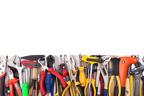 Work tools on white background. stock photo