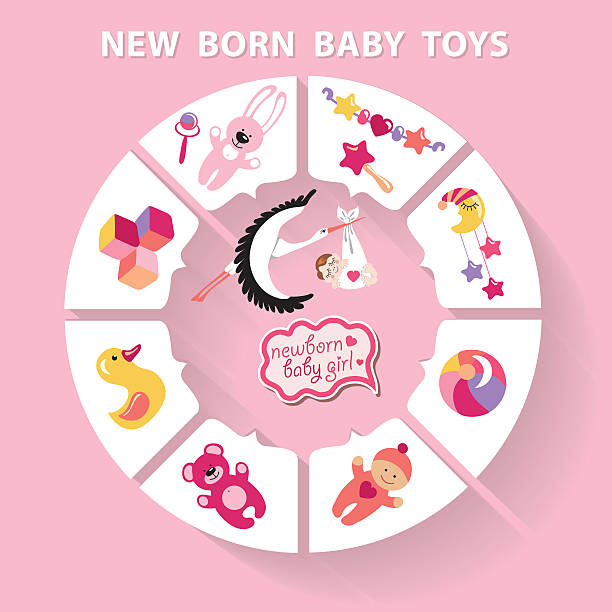 kreis vektor baby geboren infographic.new spielzeug für babys – mädchen - weibliches baby grafiken stock-grafiken, -clipart, -cartoons und -symbole