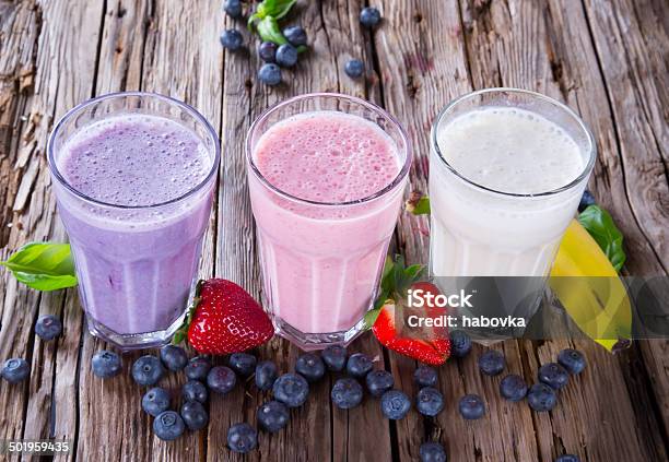 Fresh Fruits Milk Shake On Wood Stock Photo - Download Image Now - Antioxidant, Banana, Berry Fruit