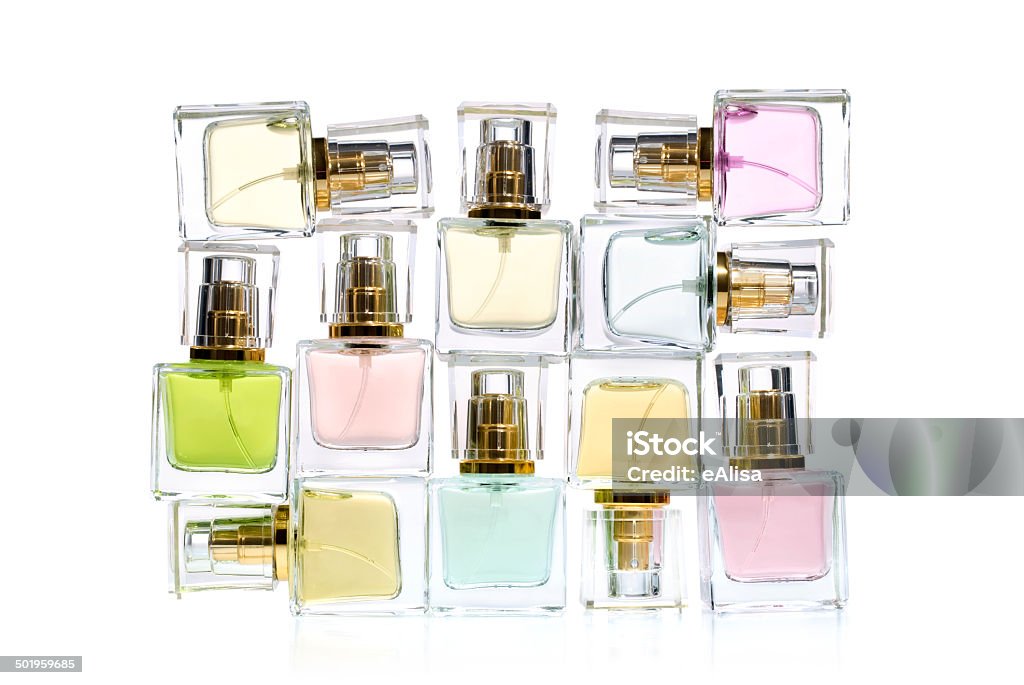 Bottles of perfume Perfume in bottles over white background Aromatherapy Stock Photo