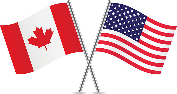 amerikanische und kanadische flags. - canadian flag stock-grafiken, -clipart, -cartoons und -symbole