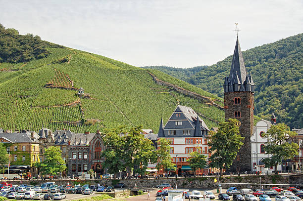 Bernkastel-Kues on the Mosel River (Rhineland-Palatinate, Germany) with small streets and parking place.
