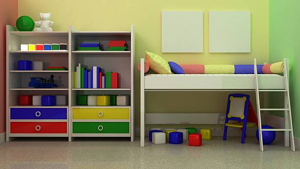 istock Empty picture frames in classic children room interior background 501965396