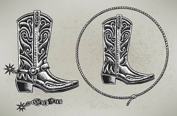 illustrazioni stock, clip art, cartoni animati e icone di tendenza di stivali da cowboy e lazo - wild west boot shoe cowboy
