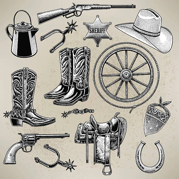 ilustrações, clipart, desenhos animados e ícones de itens de cowboy - wild west boot shoe cowboy