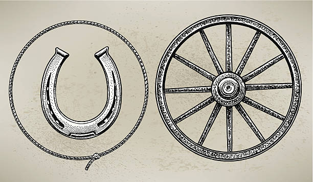 카우보이 왜건 휠, 말굽 및 lasso - horseshoe stock illustrations