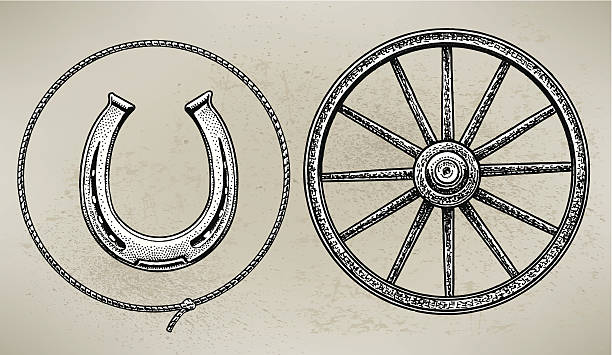 kowboj koło wozu, podkowa i lasso - horseshoe stock illustrations