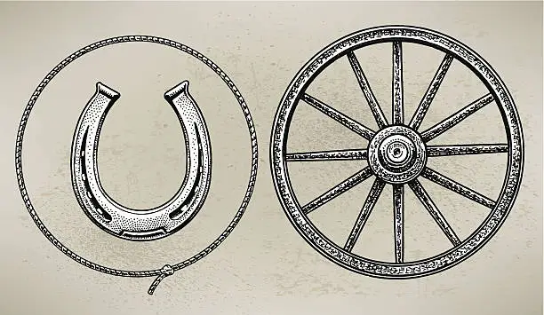 Vector illustration of Cowboy Wagon Wheel, Horseshoe and Lasso