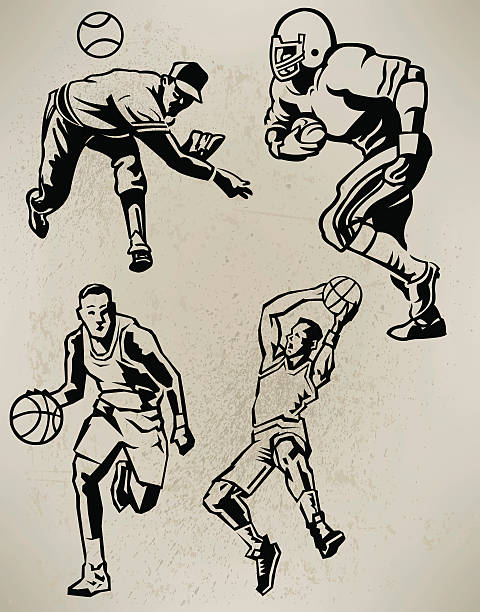 Sports Athletes - Football, Baseball, Basketball, Retro Style Retro style illustrations of Sports Athletes. football, baseball, basketball. Color changes a snap. Check out my "American Football Vector" light box for more. vintage sports stock illustrations