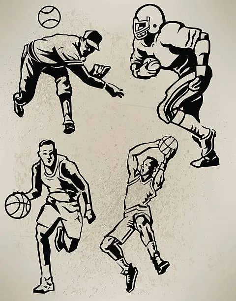 Vector illustration of Sports Athletes - Football, Baseball, Basketball, Retro Style