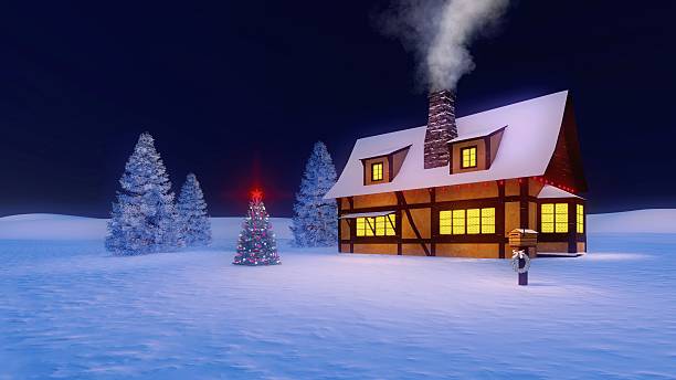 istock Rustic house and decorated christmas tree at night 501966278