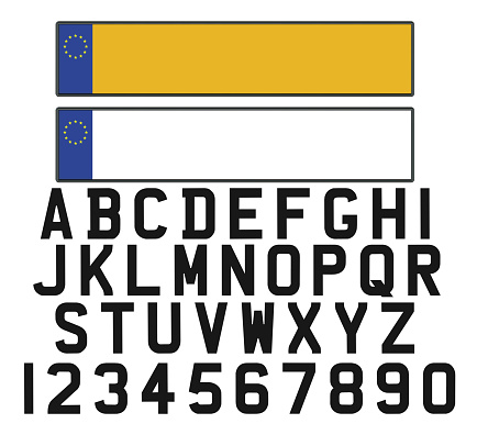 Empty vehicle registration plate with set of numerals and letters