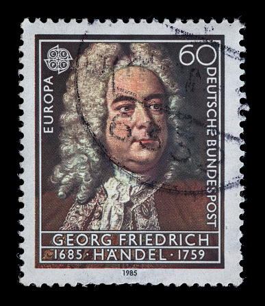 A stamp of Georg Friedrich Handel, issued by Deutche Bundespost as part of Europa Collection. Issued in 1985. The print run was 66,100,000.