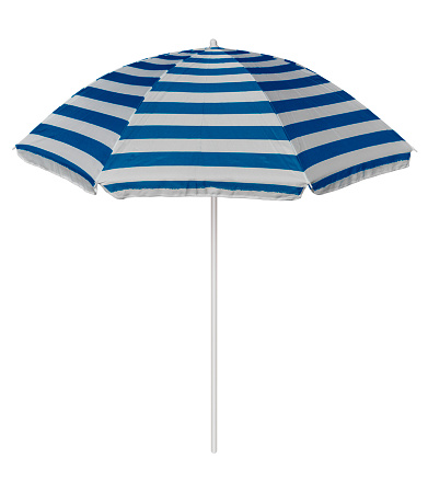 Light-blue striped beach umbrella isolated on white. Clipping path included.