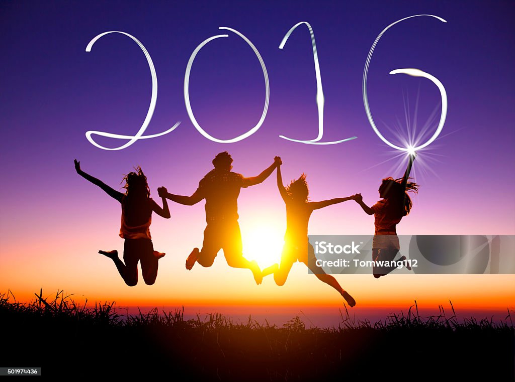 young group jumping and happy new year 2016 concept 2015 Stock Photo