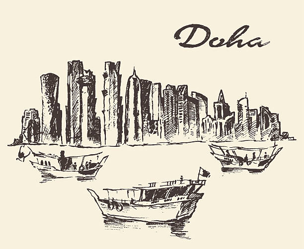 Doha skyline Dhow Qatar illustration drawn sketch Doha skyline with Dhow Qatar vector illustration hand drawn sketch dhow stock illustrations