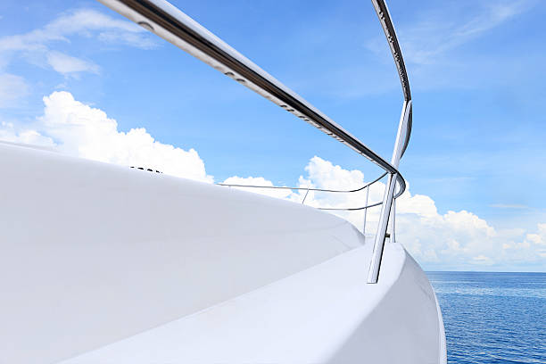 istock blue sky above white yacht on water 501976814