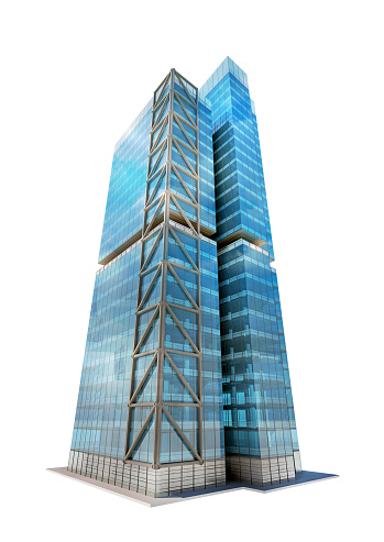 Modern corporate 3D office building isolated on white background with clipping path. Skyscraper business tower with glass curtain wall and steel structure. High detailed 3D model, view from below.