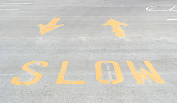 istock Painted slow sign with arrows on concrete 501999143