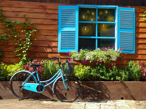 vintage theme with bike side the blue window