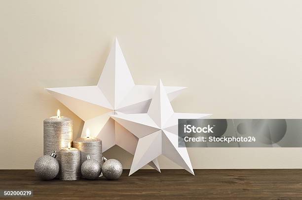 Two Stars With Silver Candles Stock Photo - Download Image Now - Advent, Backgrounds, Bright