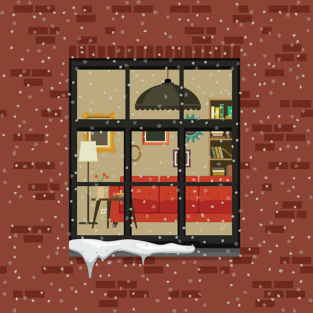 ilustrações de stock, clip art, desenhos animados e ícones de inverno janela na parede de tijolo. - cair no sofá